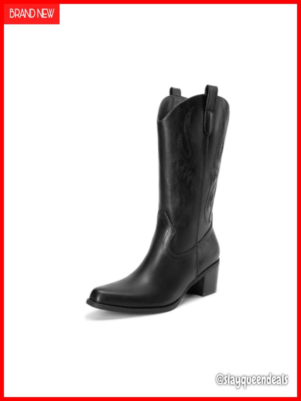 Women's Square Toe Mid-Calf Western Cowboy Boots Faux Leather Block Heel